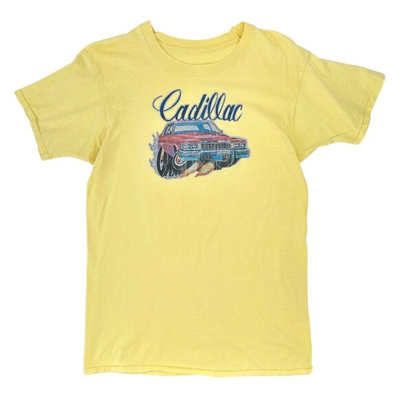 Vintage Single Stitch Yellow "Cadillac" Metallic Graphic Car Print T-Shirt Tee - Picture 1 of 6